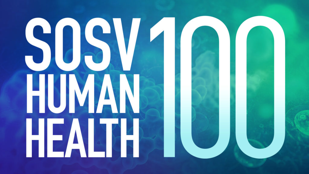Image on a blue and green background with text SOSV Human Health 100
